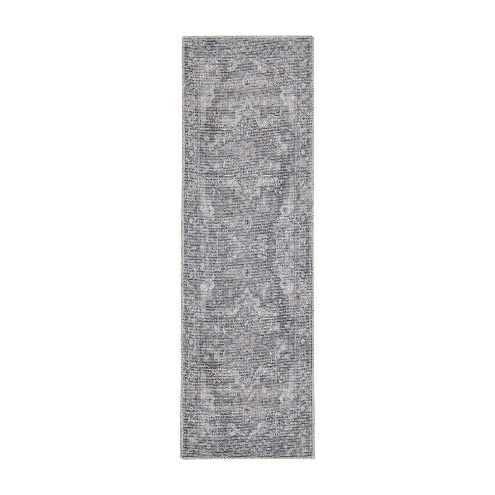10' Gray Floral Power Loom Distressed Washable Runner Rug