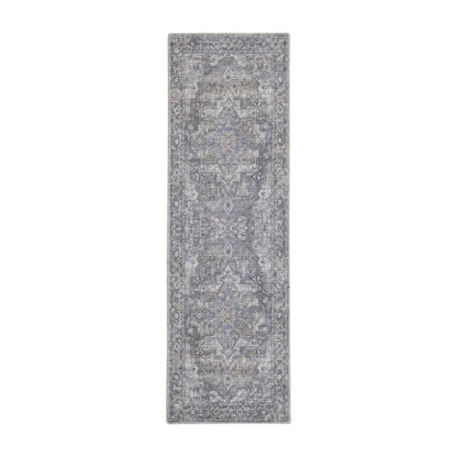 10' Gray Floral Power Loom Distressed Washable Runner Rug