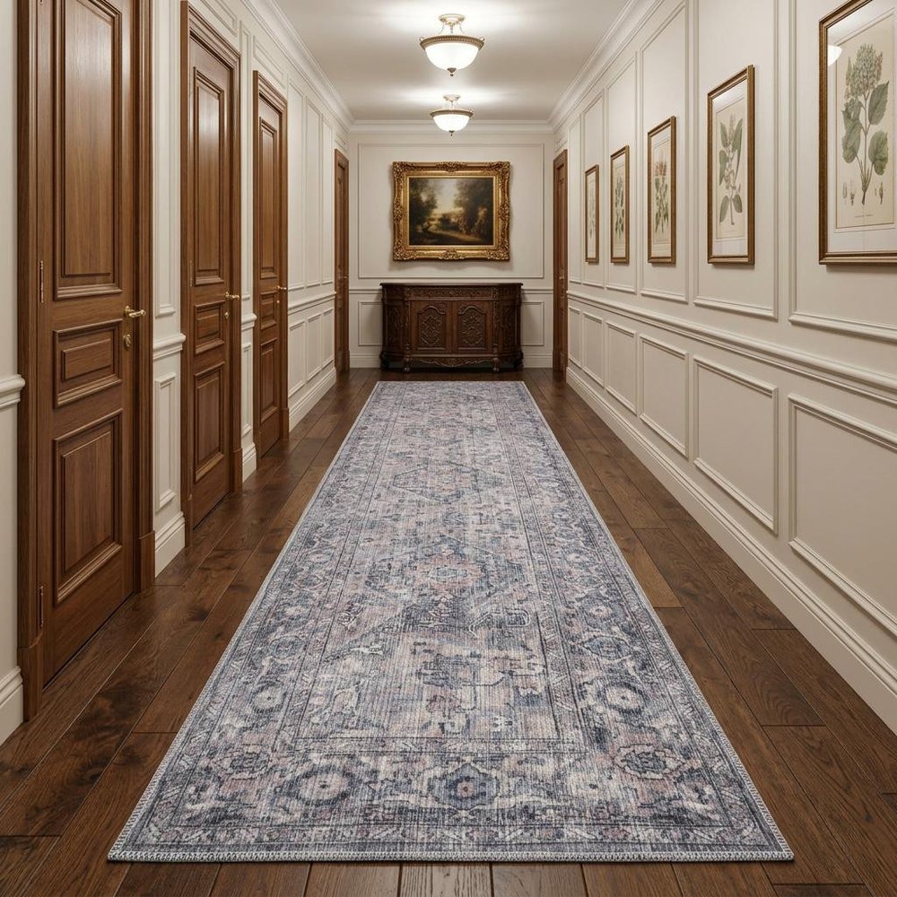 10' Gray Floral Power Loom Distressed Washable Runner Rug