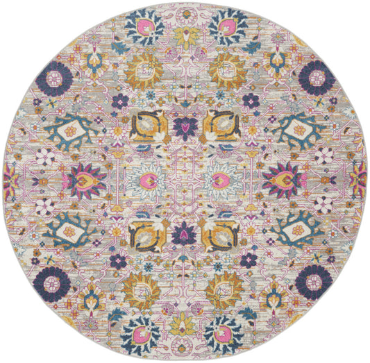 8' Gray Round Floral Power Loom Area Rug