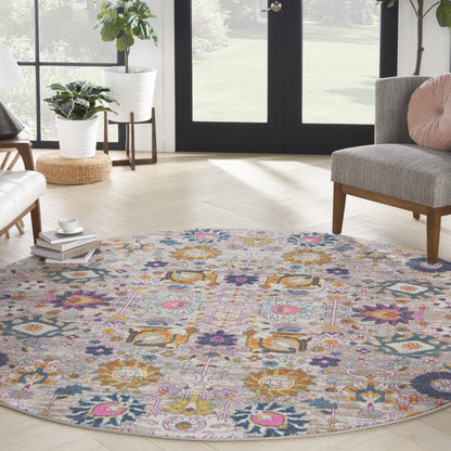 8' Gray Round Floral Power Loom Area Rug