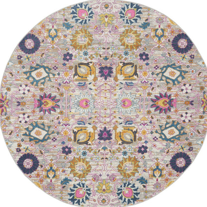 5' Gray Round Floral Power Loom Area Rug