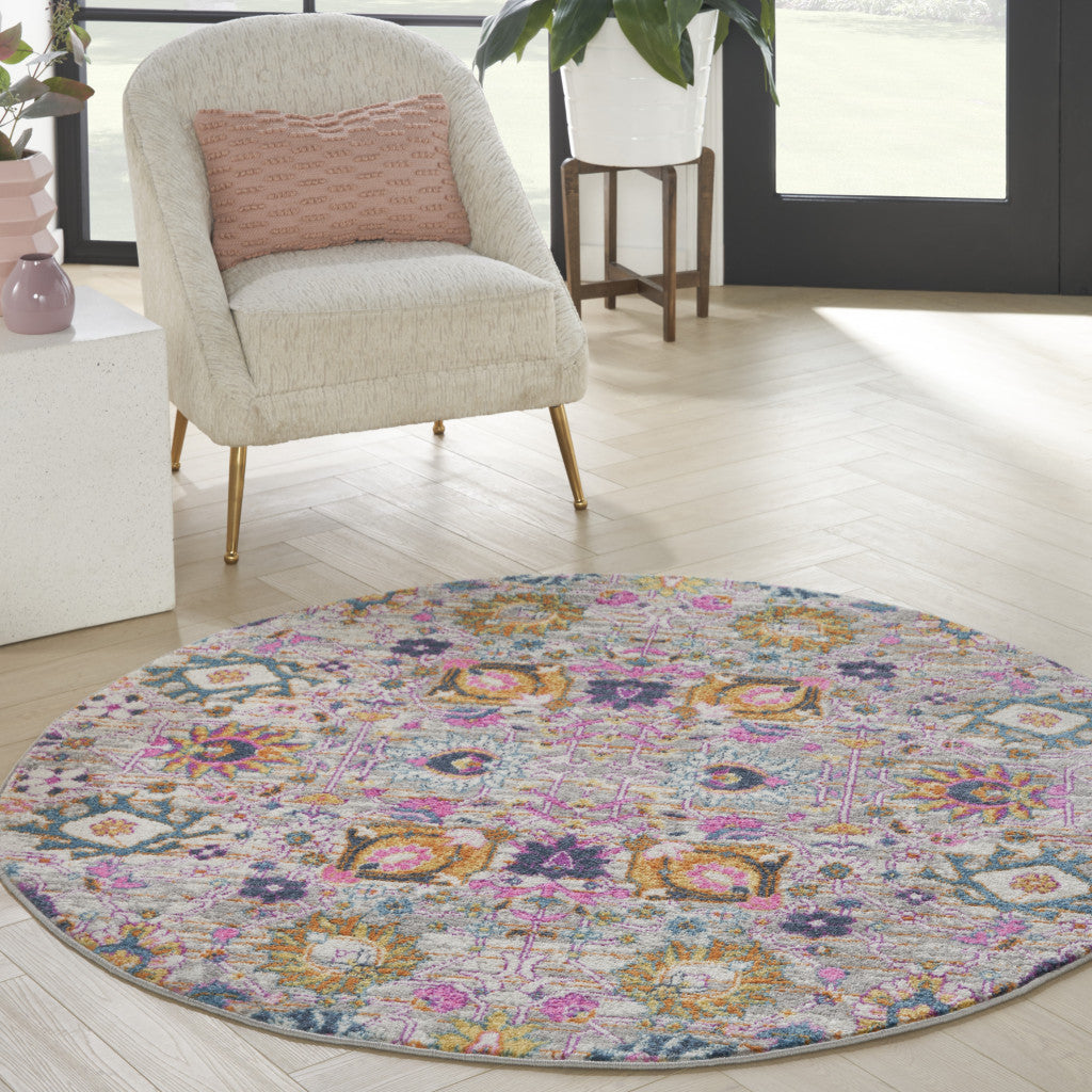 5' Gray Round Floral Power Loom Area Rug