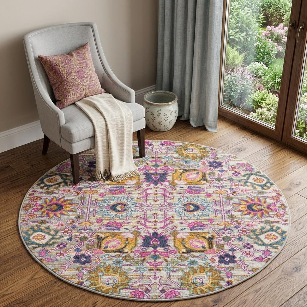 4' Gray Round Floral Power Loom Area Rug