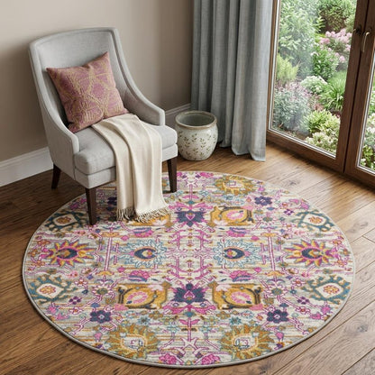 4' Gray Round Floral Power Loom Area Rug