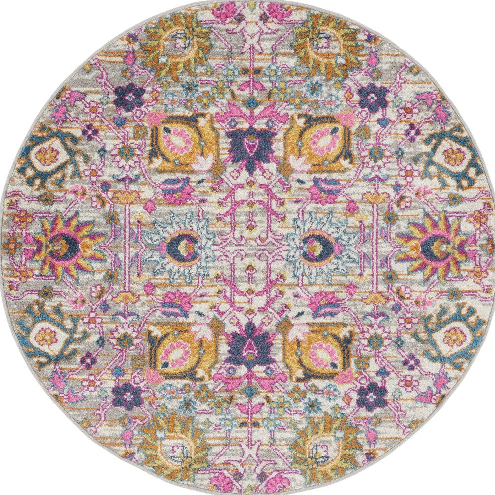 4' Gray Round Floral Power Loom Area Rug