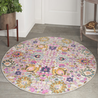 4' Gray Round Floral Power Loom Area Rug