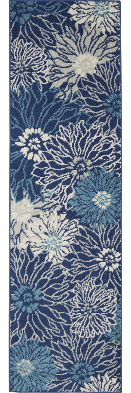 10' Navy Blue Floral Power Loom Runner Rug