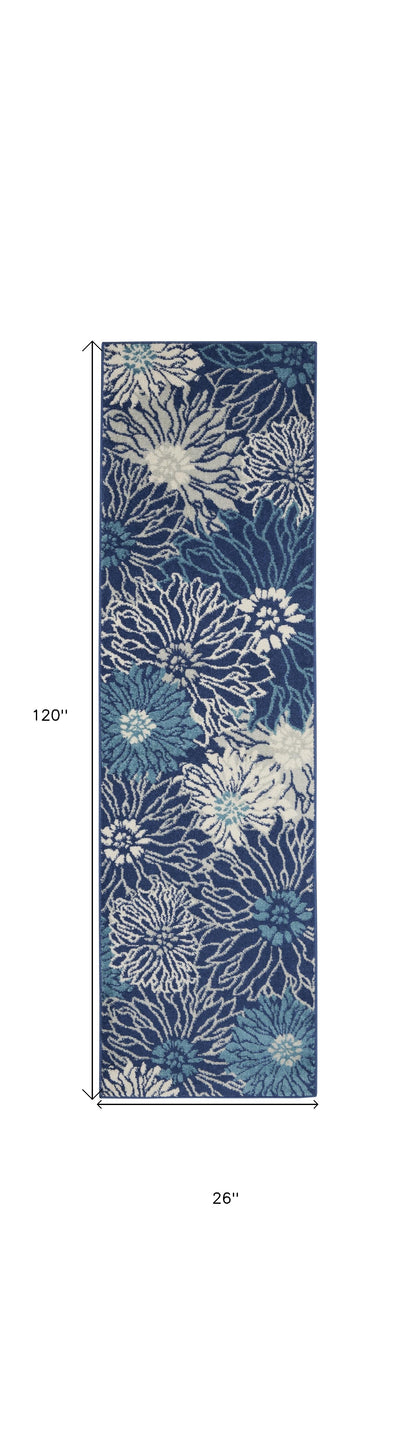 10' Navy Blue Floral Power Loom Runner Rug