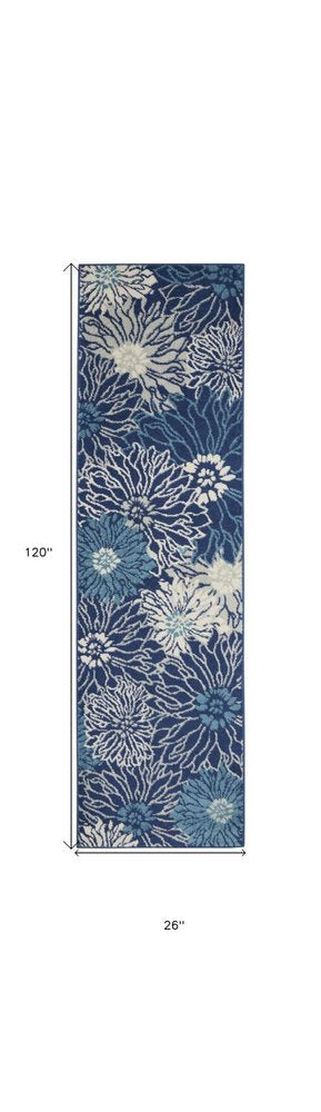 10' Navy Blue Floral Power Loom Runner Rug