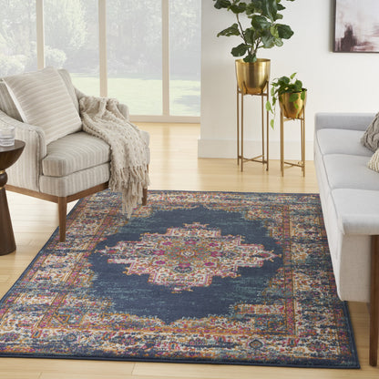 8' X 10' Navy Blue Floral Power Loom Distressed Area Rug