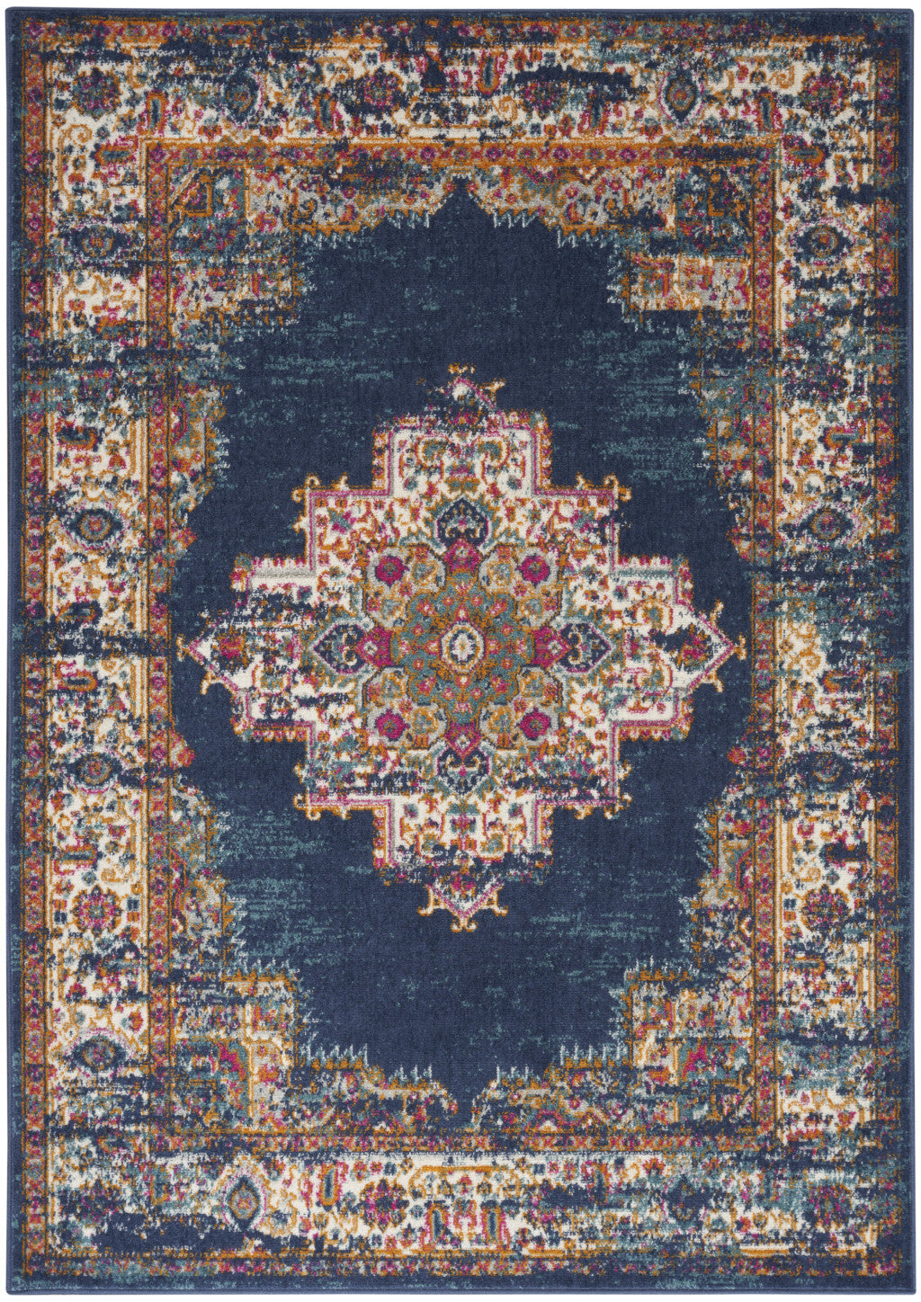 8' X 10' Navy Blue Floral Power Loom Distressed Area Rug