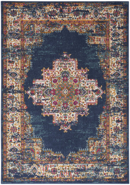 8' X 10' Navy Blue Floral Power Loom Distressed Area Rug