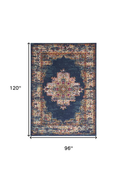 8' X 10' Navy Blue Floral Power Loom Distressed Area Rug