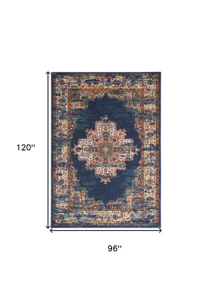 8' X 10' Navy Blue Floral Power Loom Distressed Area Rug