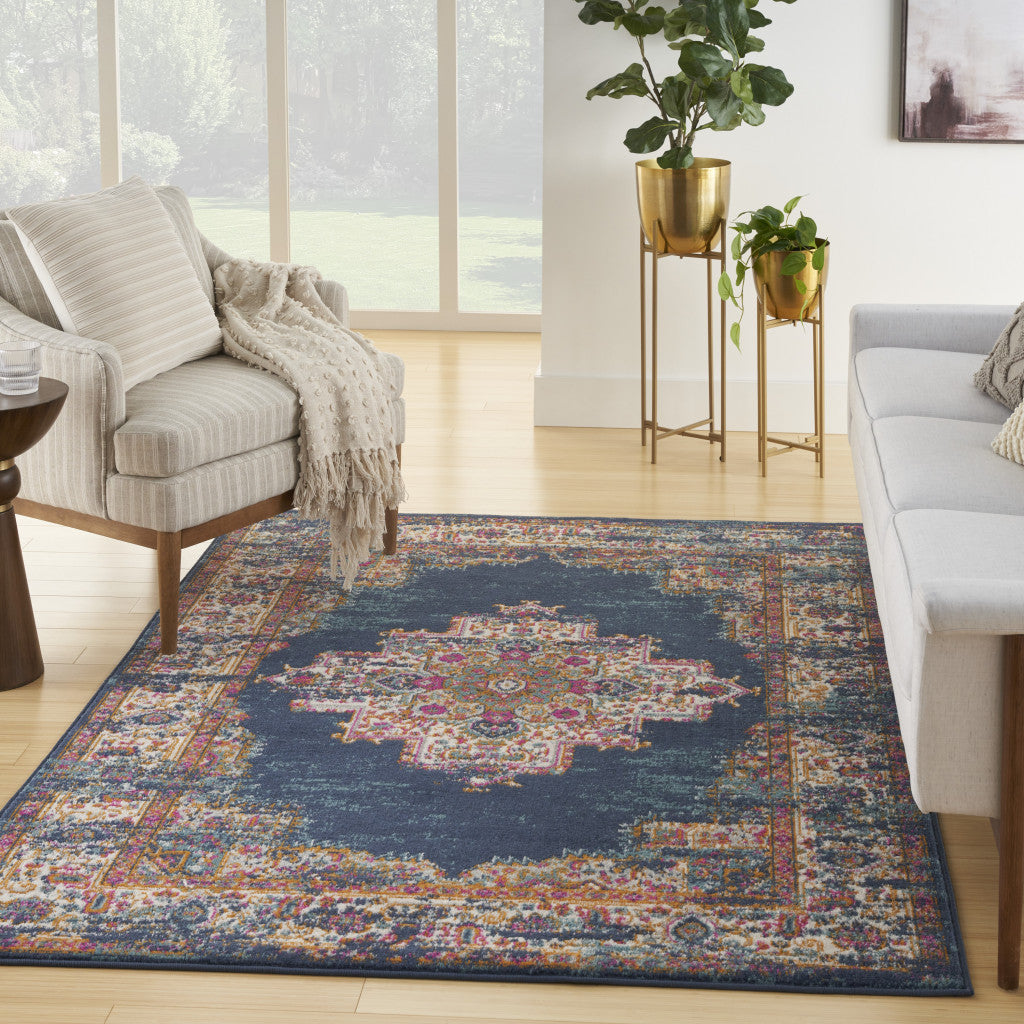 5' X 7' Navy Blue Floral Power Loom Distressed Area Rug