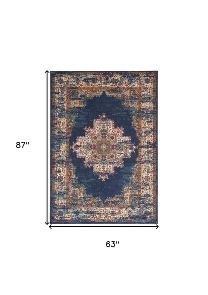 5' X 7' Navy Blue Floral Power Loom Distressed Area Rug