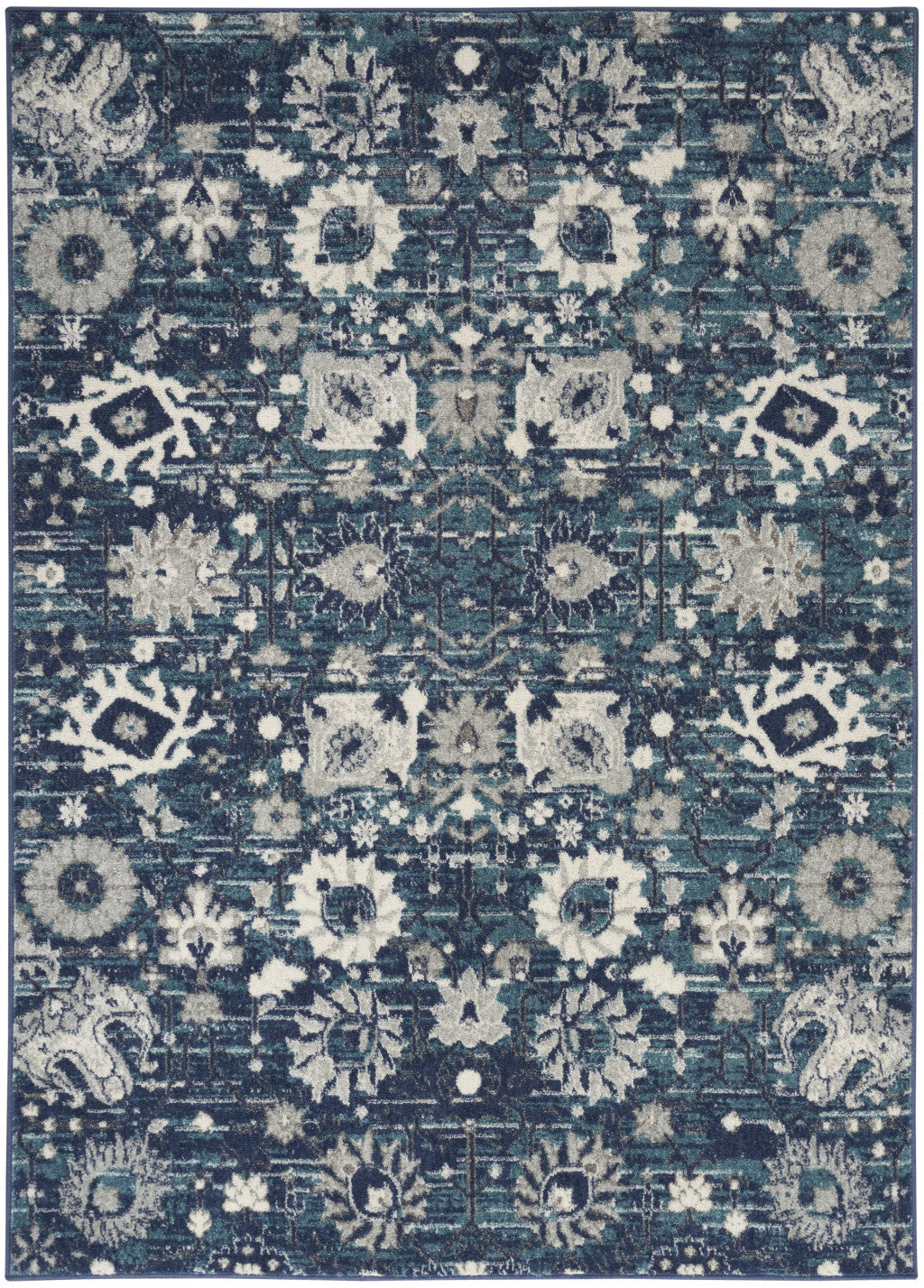 5' X 7' Navy Blue Floral Power Loom Distressed Area Rug