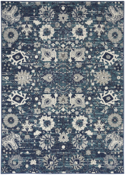 5' X 7' Navy Blue Floral Power Loom Distressed Area Rug