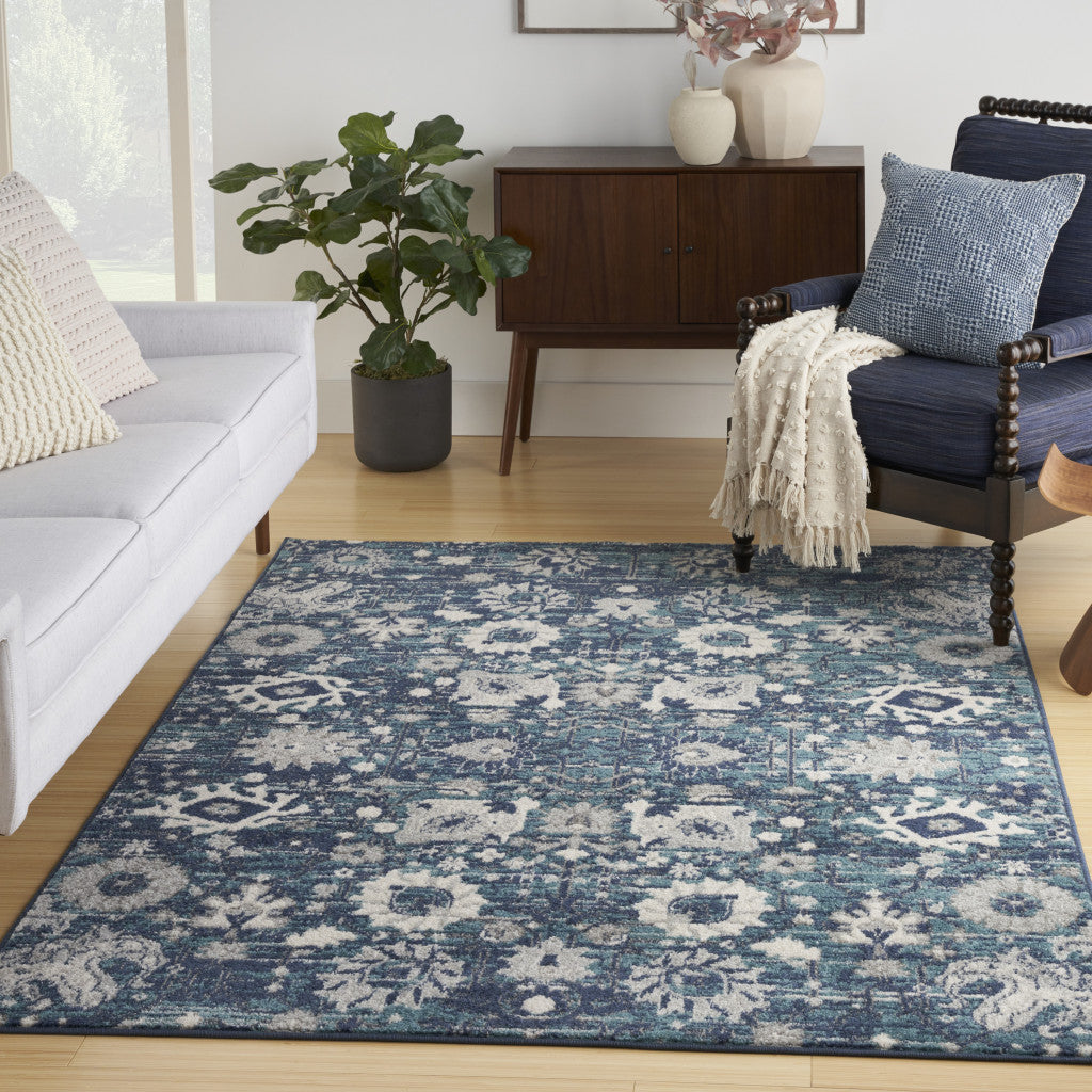 5' X 7' Navy Blue Floral Power Loom Distressed Area Rug