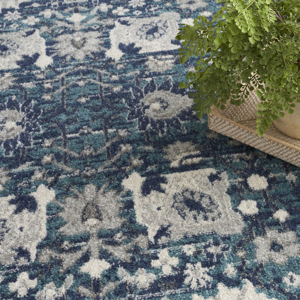 5' X 7' Navy Blue Floral Power Loom Distressed Area Rug