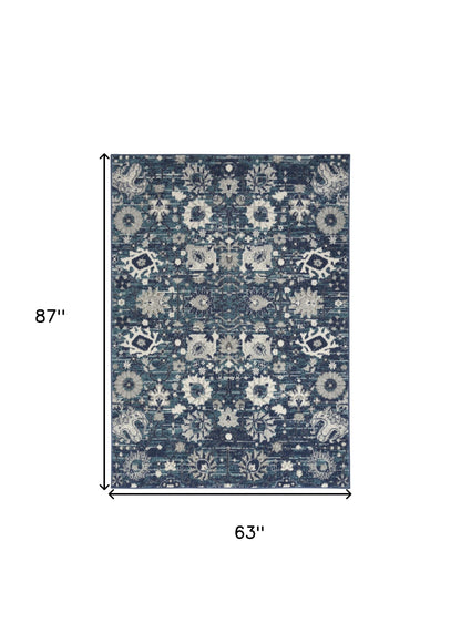 5' X 7' Navy Blue Floral Power Loom Distressed Area Rug