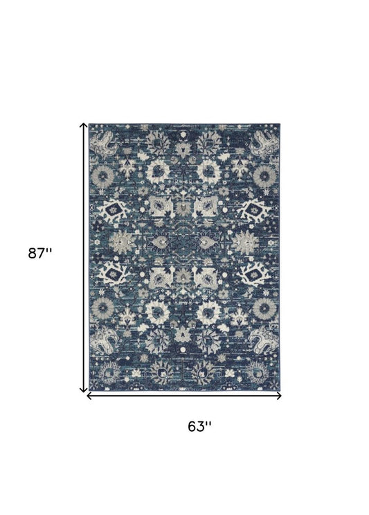 5' X 7' Navy Blue Floral Power Loom Distressed Area Rug