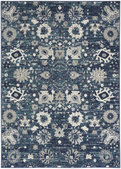 8' X 10' Navy Blue Floral Power Loom Distressed Area Rug