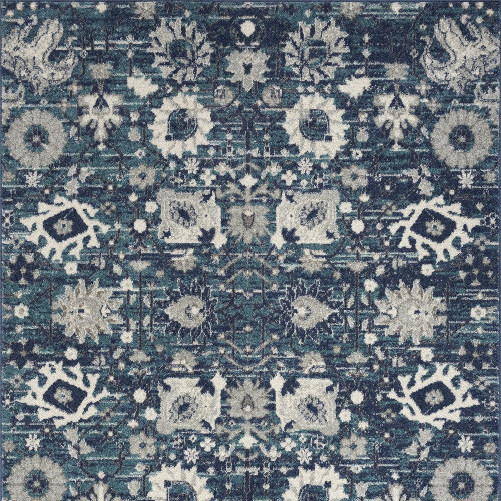 8' X 10' Navy Blue Floral Power Loom Distressed Area Rug