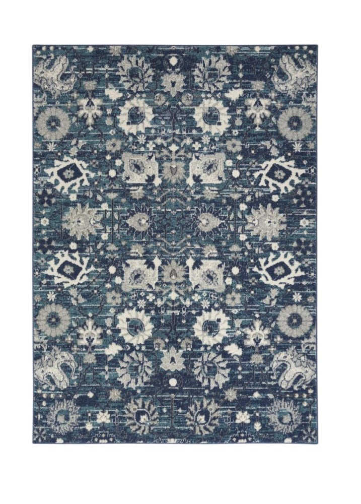 8' X 10' Navy Blue Floral Power Loom Distressed Area Rug