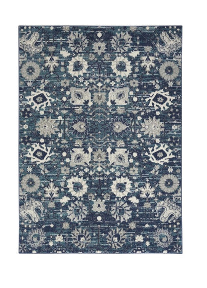8' X 10' Navy Blue Floral Power Loom Distressed Area Rug