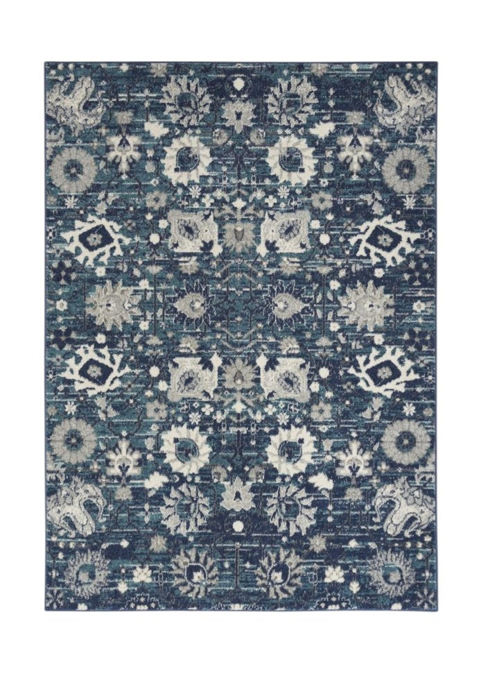 8' X 10' Navy Blue Floral Power Loom Distressed Area Rug