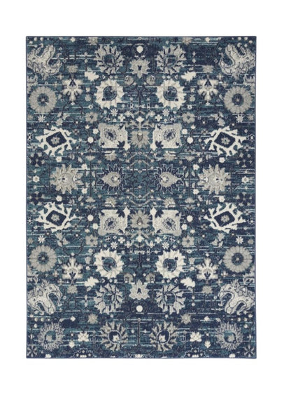 8' X 10' Navy Blue Floral Power Loom Distressed Area Rug