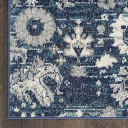 8' X 10' Navy Blue Floral Power Loom Distressed Area Rug