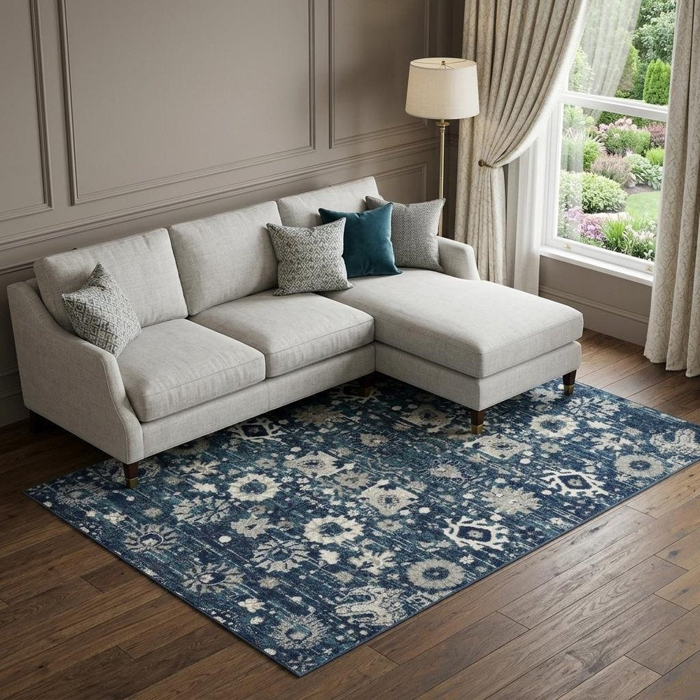 8' X 10' Navy Blue Floral Power Loom Distressed Area Rug