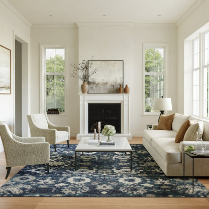 8' X 10' Navy Blue Floral Power Loom Distressed Area Rug