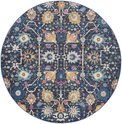 8' Navy Blue Round Floral Power Loom Area Rug