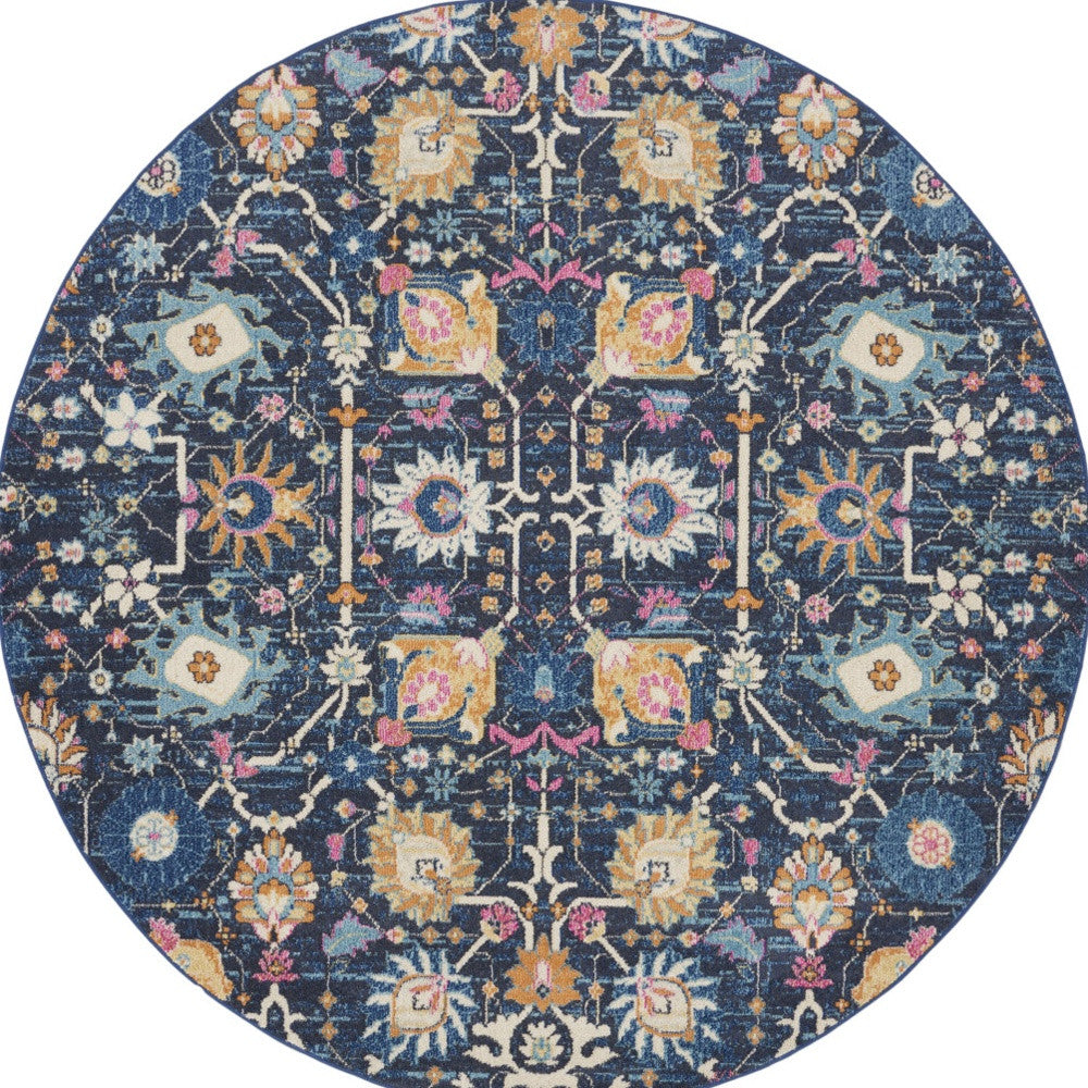 8' Navy Blue Round Floral Power Loom Area Rug