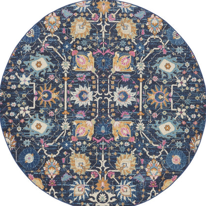 8' Navy Blue Round Floral Power Loom Area Rug