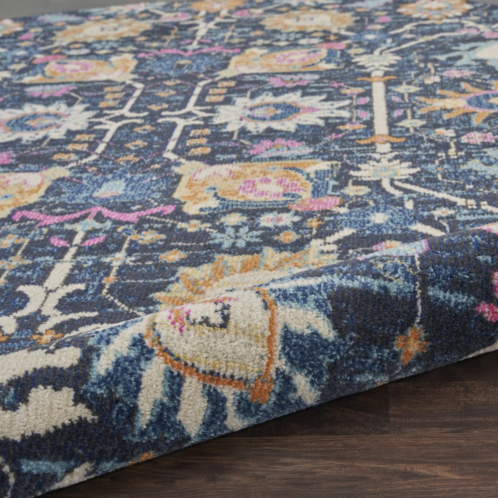 8' Navy Blue Round Floral Power Loom Area Rug