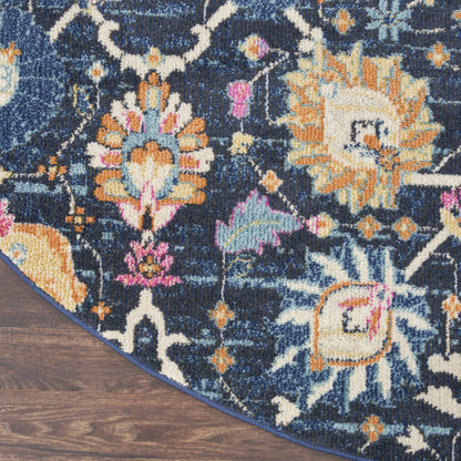 8' Navy Blue Round Floral Power Loom Area Rug