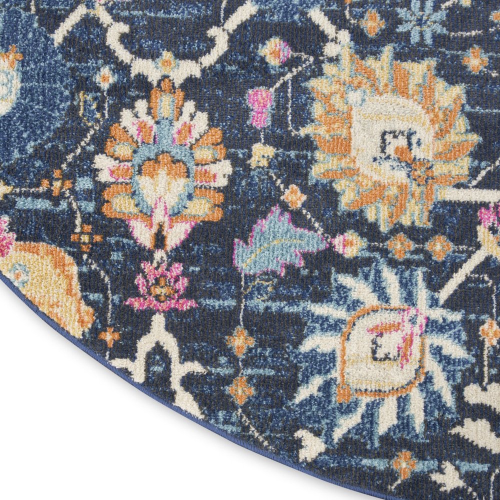 8' Navy Blue Round Floral Power Loom Area Rug