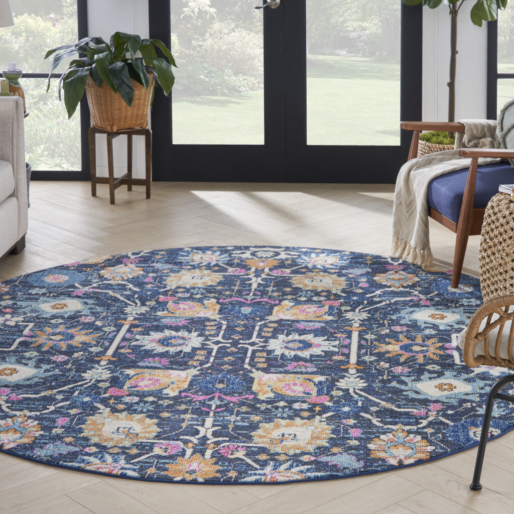 8' Navy Blue Round Floral Power Loom Area Rug