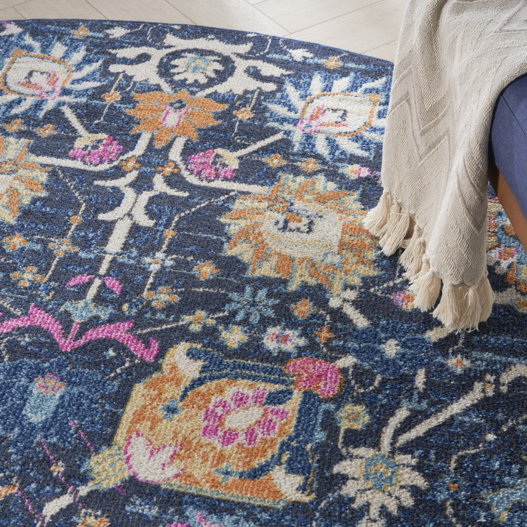 8' Navy Blue Round Floral Power Loom Area Rug