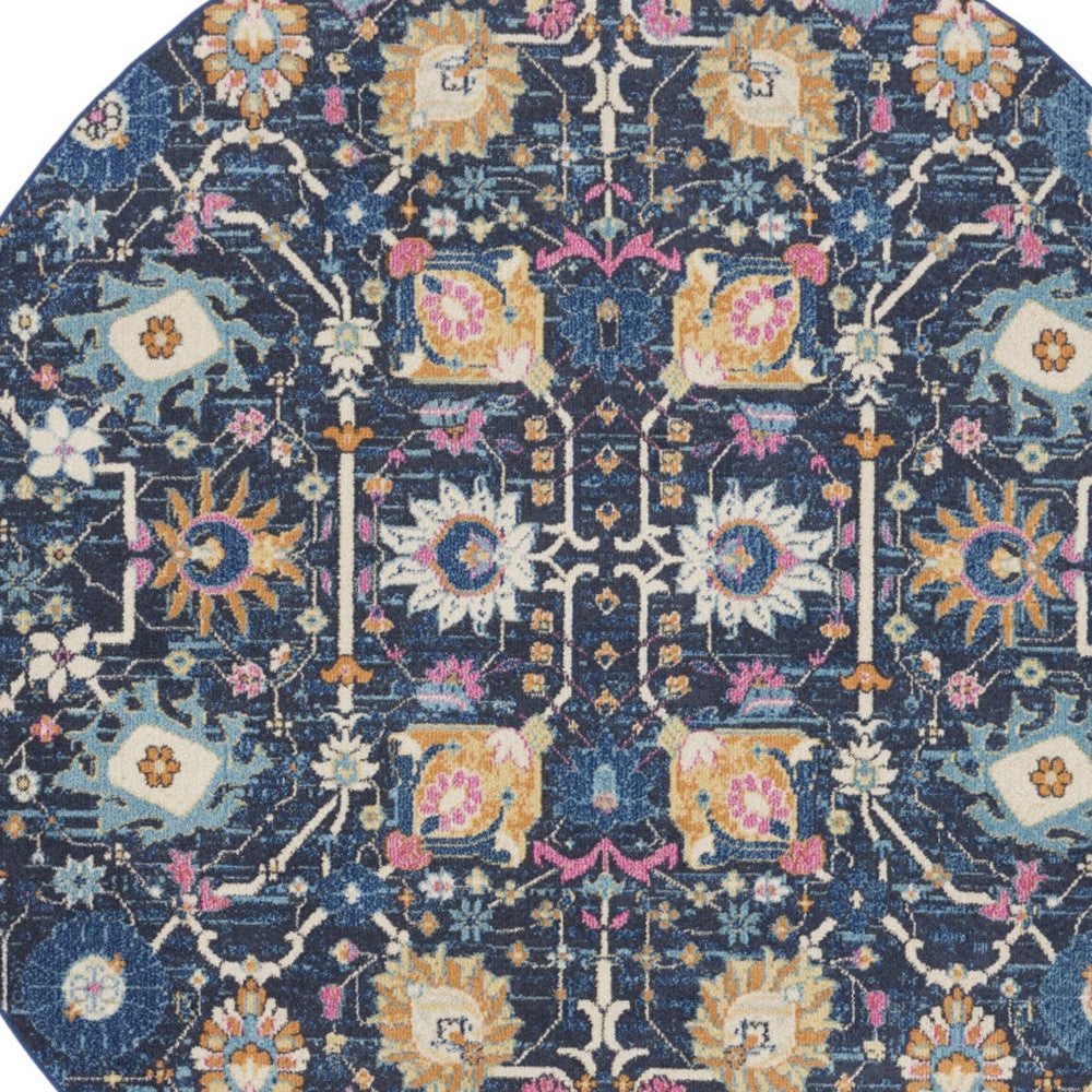 8' Navy Blue Round Floral Power Loom Area Rug