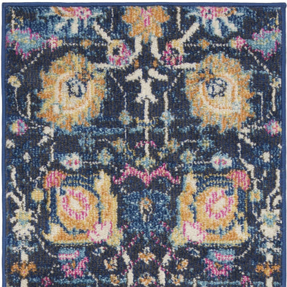 6' Navy Blue Floral Power Loom Runner Rug