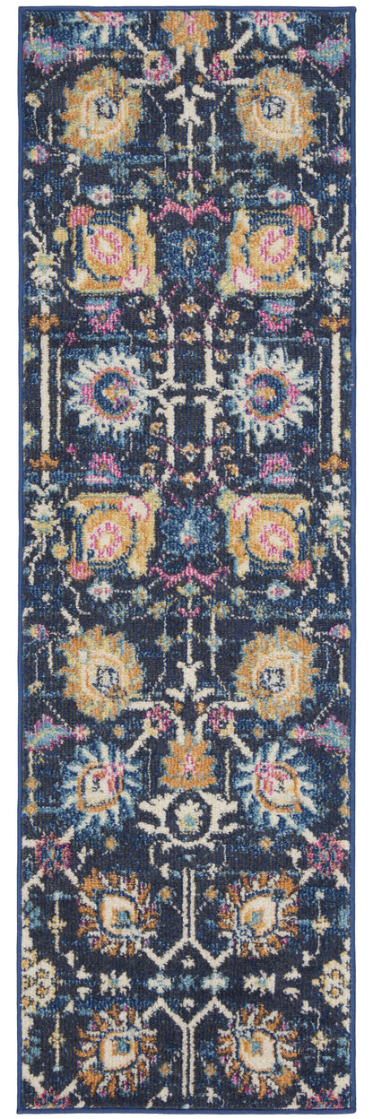 6' Navy Blue Floral Power Loom Runner Rug