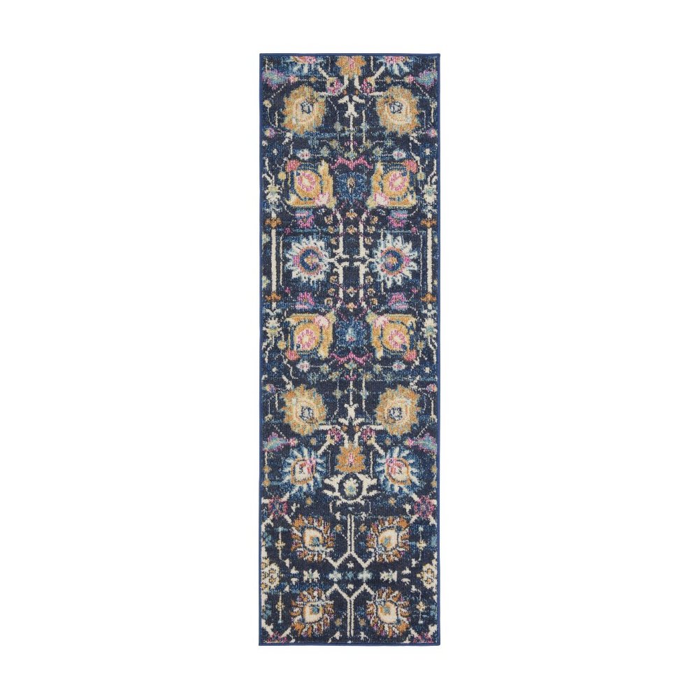 6' Navy Blue Floral Power Loom Runner Rug