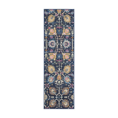 6' Navy Blue Floral Power Loom Runner Rug