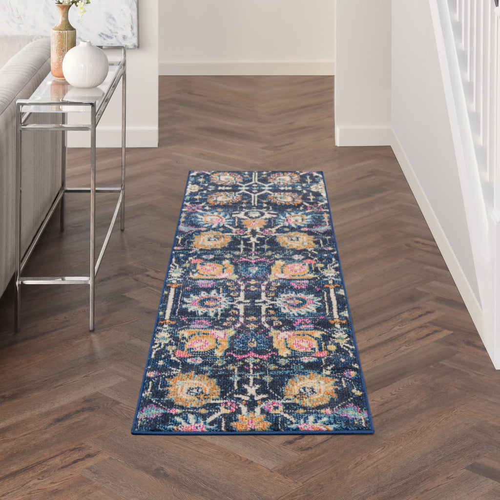 6' Navy Blue Floral Power Loom Runner Rug